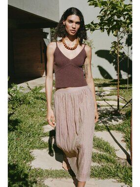 Zara Wrinkle Effect Elastic Waist Pale Pink Lined Midi Skirt